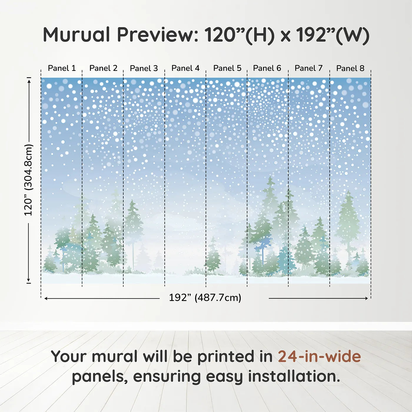 Whimsy Tots Snowy Forest Panorama Wall Muraldimension view (120" H x 192" W). Printed in eight 24-inch-wide panels. Gender-Neutral