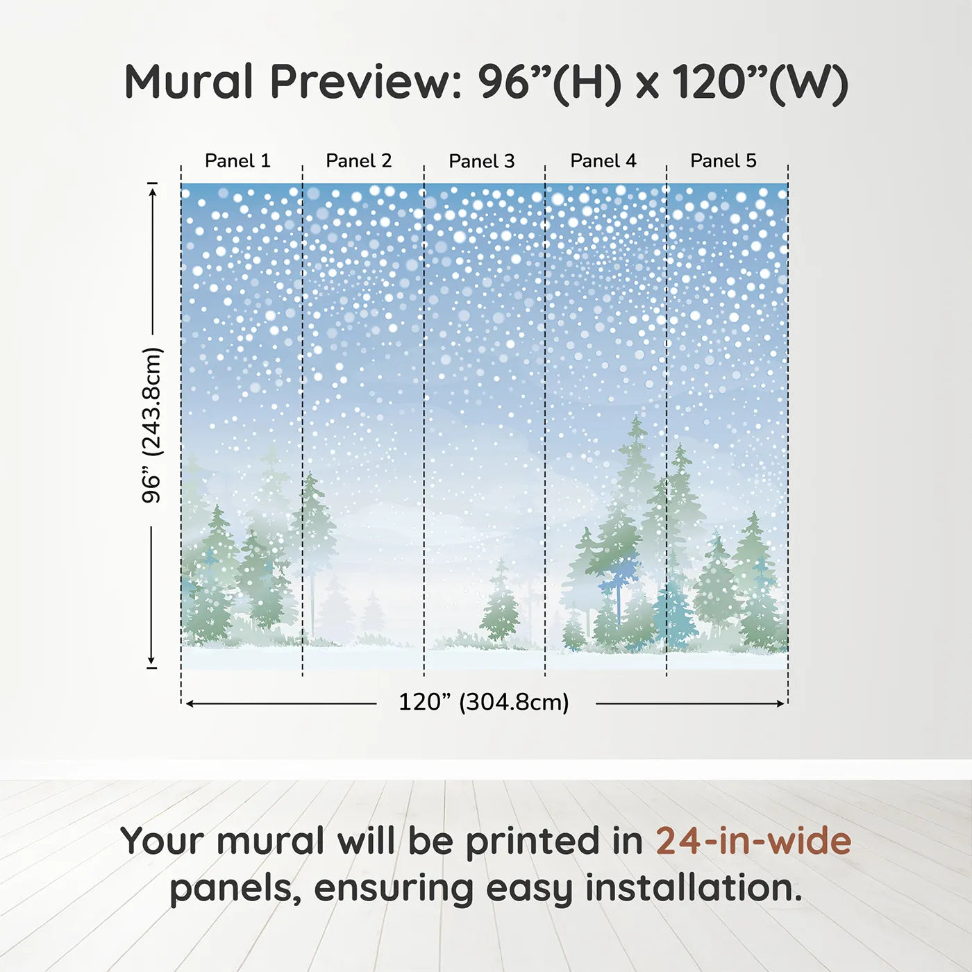 Whimsy Tots Snowy Forest Panorama Wall Muraldimension view (96" H x 120" W). Printed in five 24-inch-wide panels. Gender-Neutral