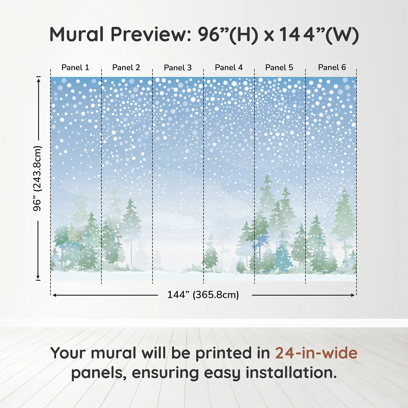 Whimsy Tots Snowy Forest Panorama Wall Muraldimension view (96" H x 144" W). Printed in six 24-inch-wide panels. Gender-Neutral