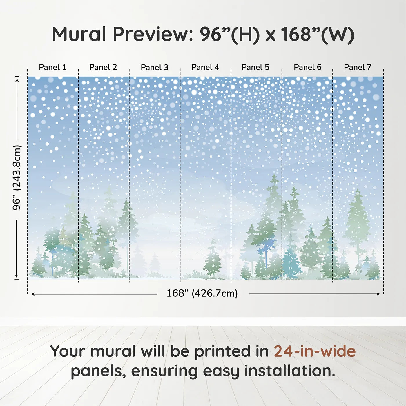 Whimsy Tots Snowy Forest Panorama Wall Muraldimension view (96" H x 168" W). Printed in seven 24-inch-wide panels. Gender-Neutral