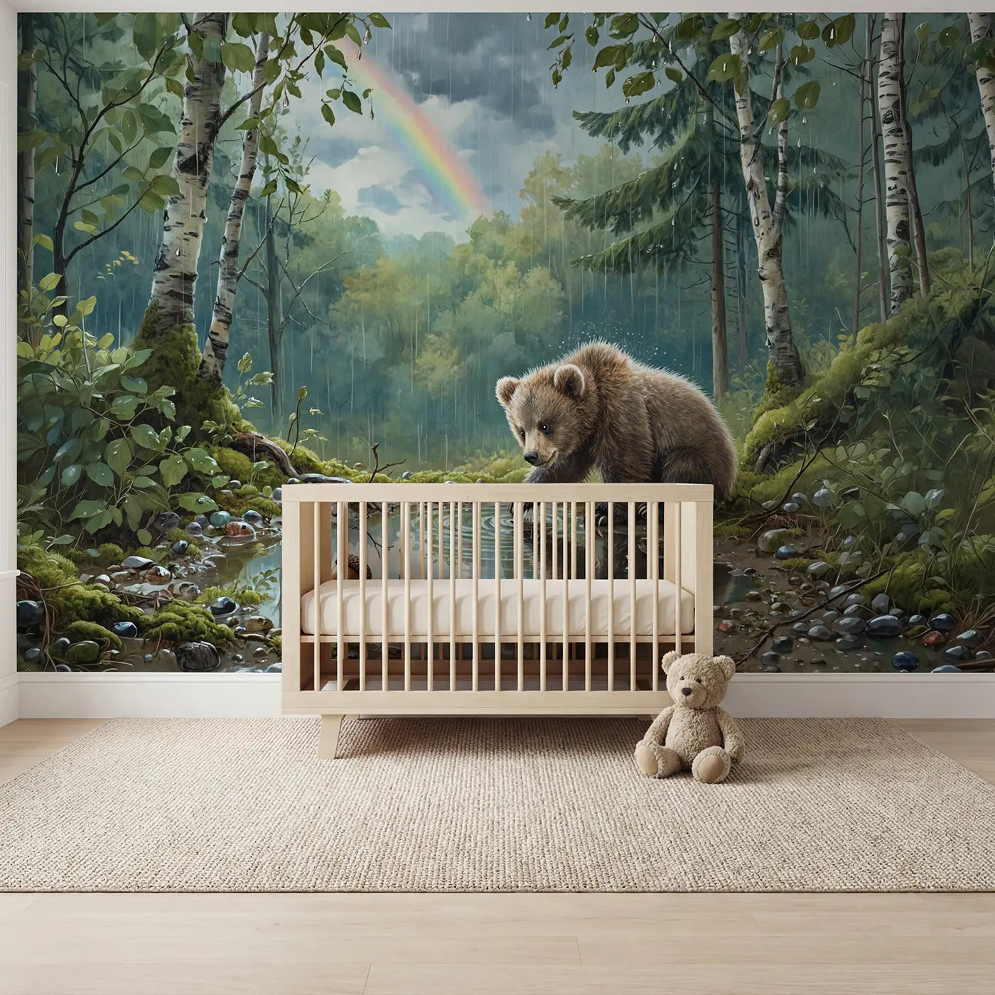 botanical elegance bear cub rainbow puddle forest mural for nursery by Whimsy Tots