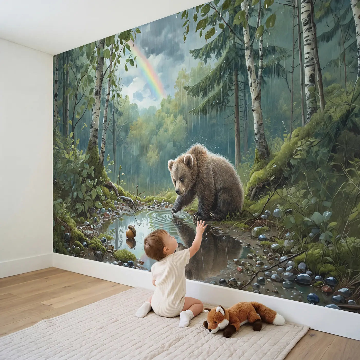 Child in nursery with Bear Cub Puddle Reflection Rainbow Wallpaper Mural by Whimsy Tots