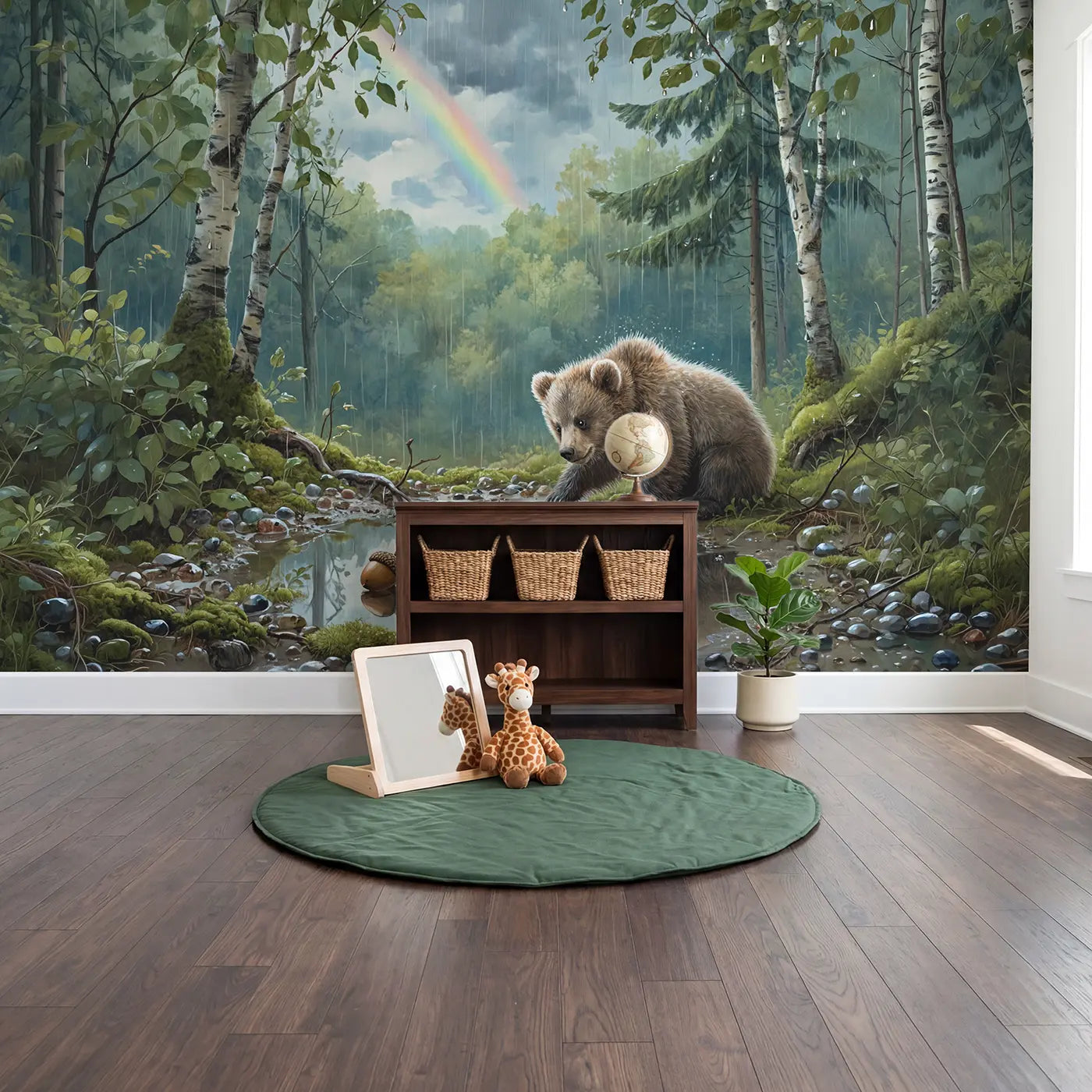 Bear Cub Puddle Reflection Rainbow Wallpaper Mural in playroom setting by Whimsy Tots