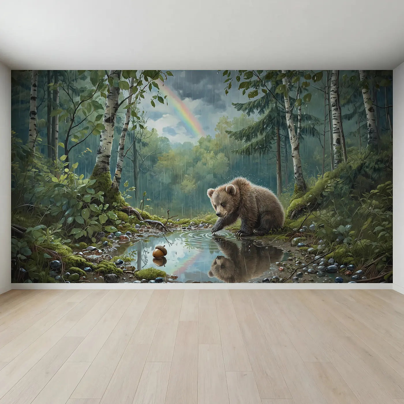 Full view of Bear Cub Puddle Reflection Rainbow Wallpaper Mural by Whimsy Tots
