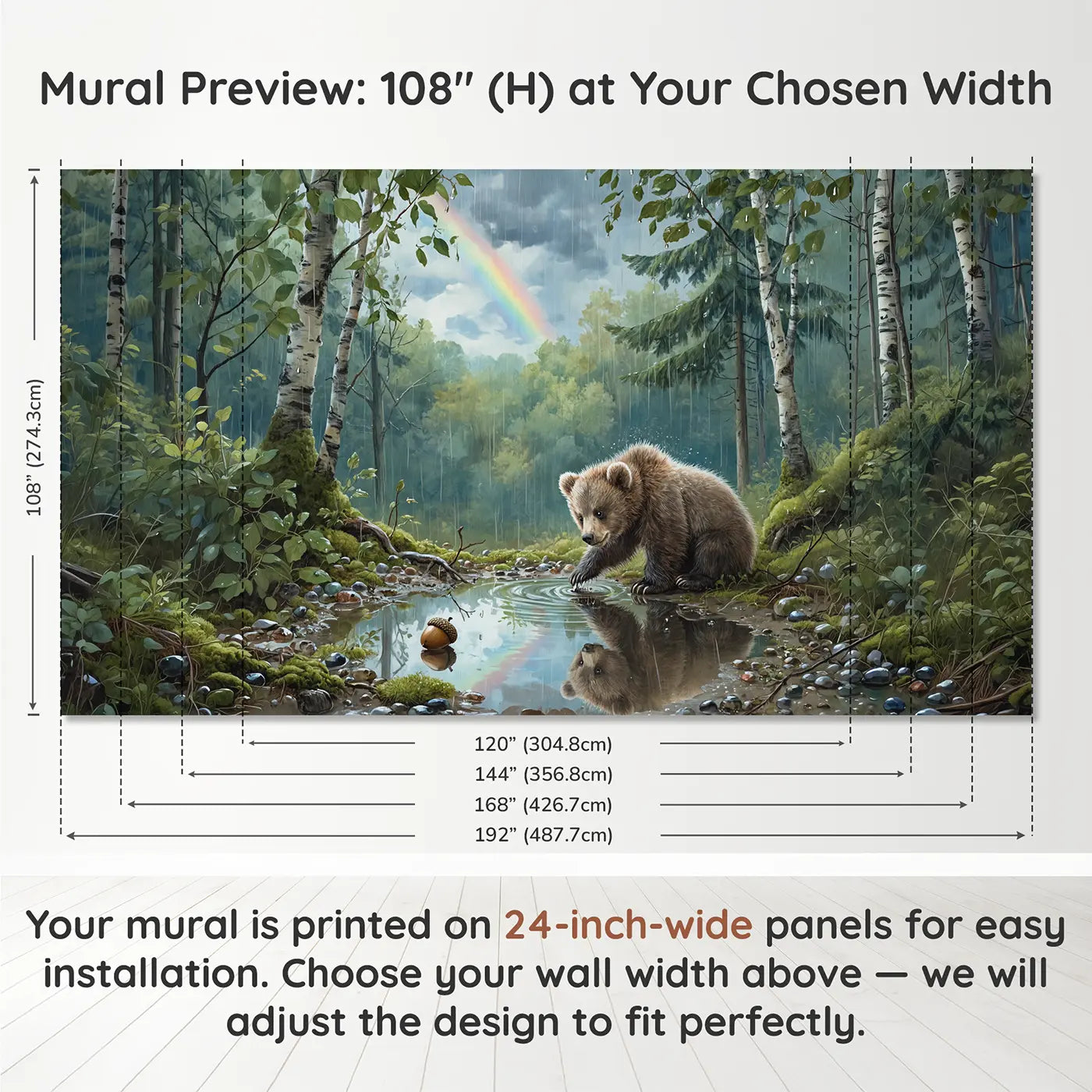 Panel layout and dimensions for Bear Cub Puddle Reflection Rainbow Wallpaper Mural by Whimsy Tots