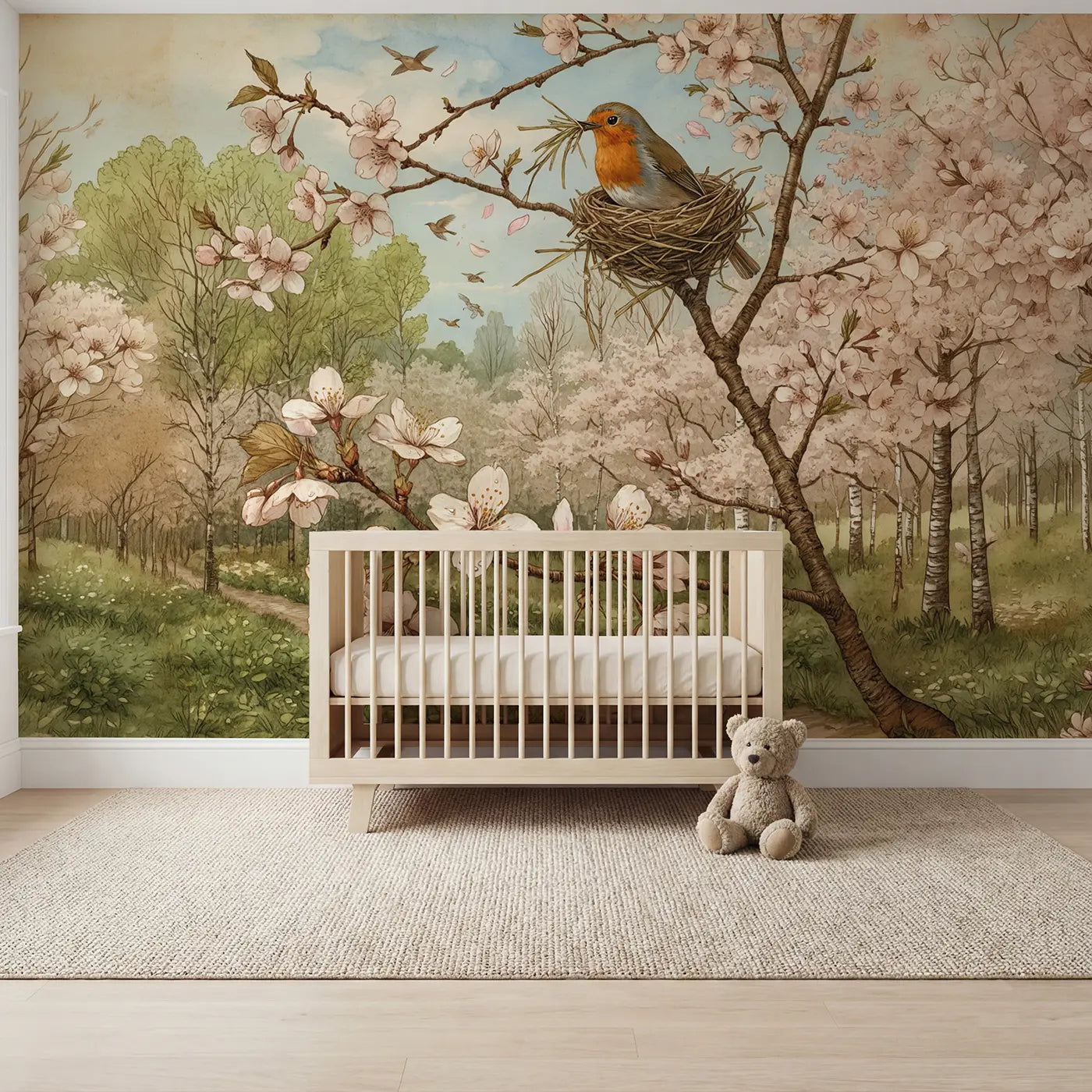 Storybook robin nest cherry blossom forest wallpaper mural for nursery by Whimsy Tots