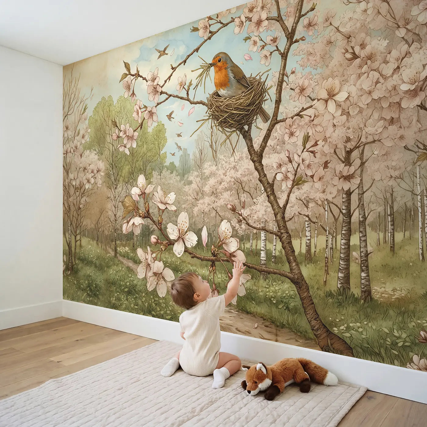 Child in nursery with Robin Nest Cherry Branch Wallpaper Mural by Whimsy Tots