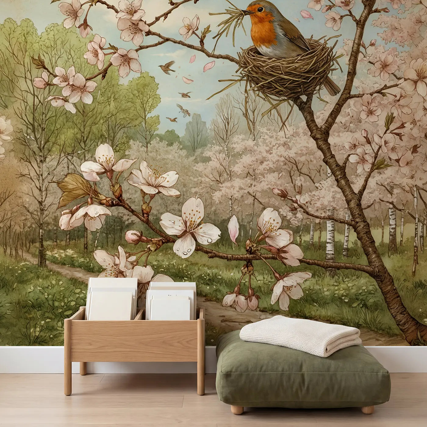 Robin Nest Cherry Branch Wallpaper Mural in playroom setting by Whimsy Tots