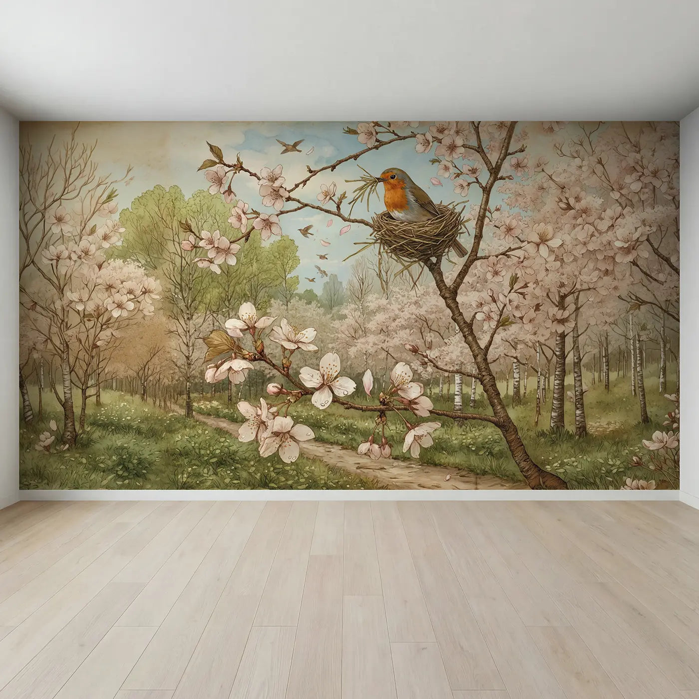 Full view of Robin Nest Cherry Branch Wallpaper Mural by Whimsy Tots