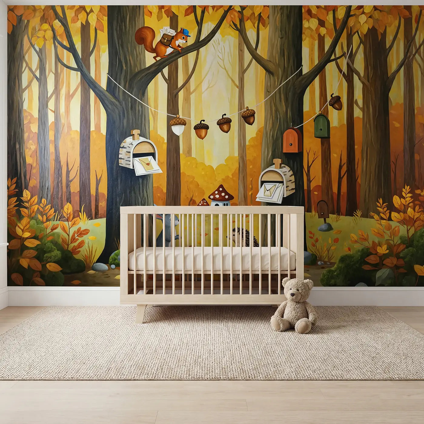 Modern Illustration woodland squirrel postal wallpaper mural for nursery by Whimsy Tots