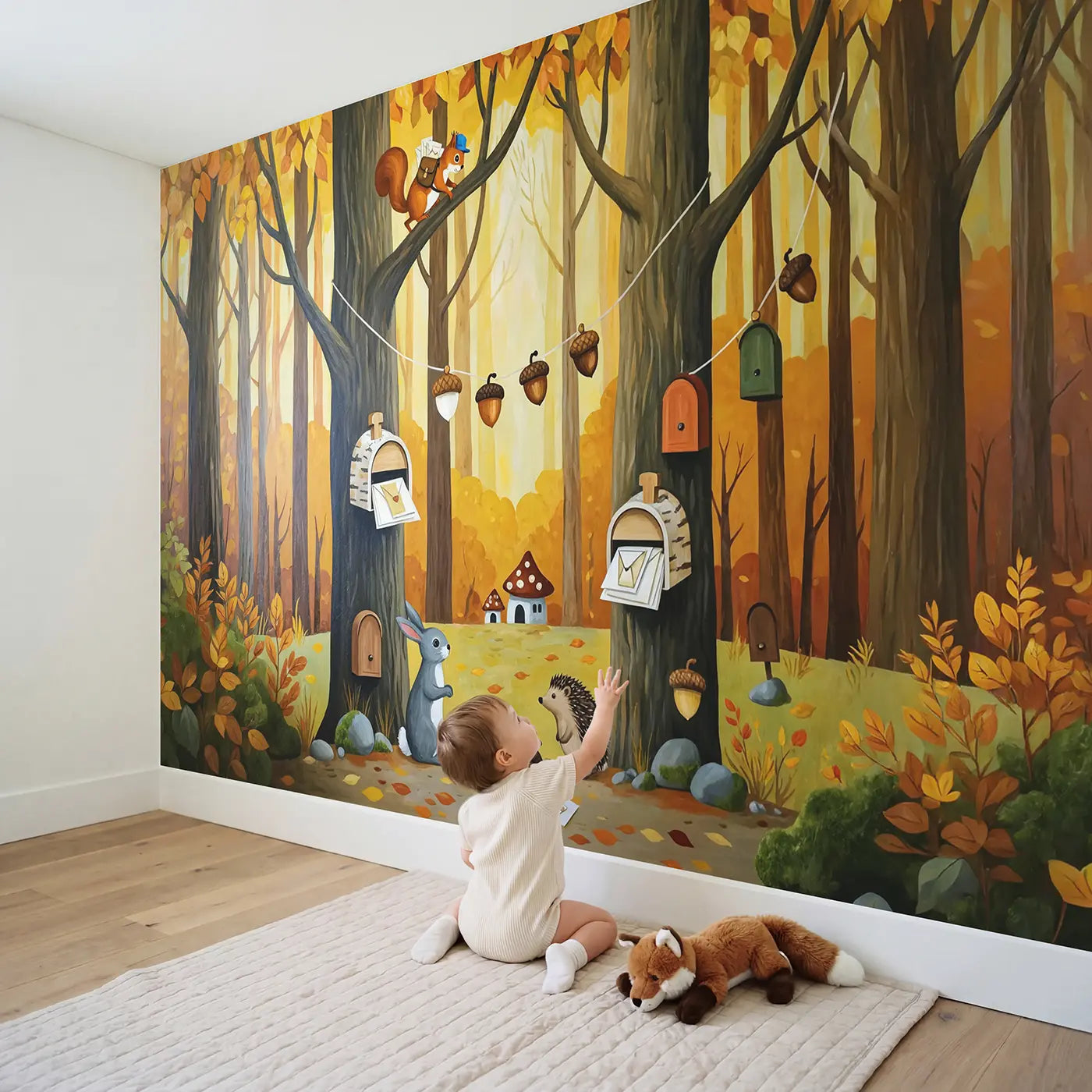 Child in nursery with Woodland Squirrel Postal Wallpaper Mural by Whimsy Tots