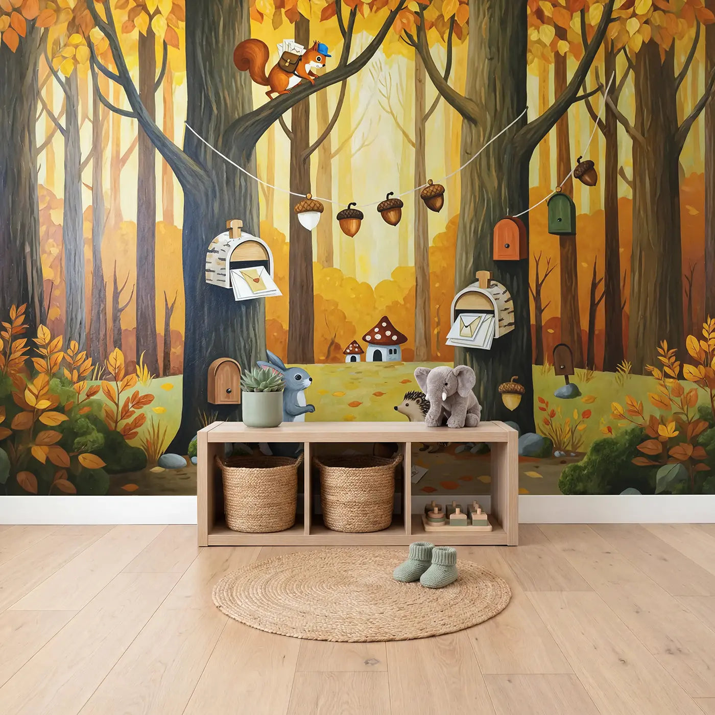 Woodland Squirrel Postal Wallpaper Mural in playroom setting by Whimsy Tots