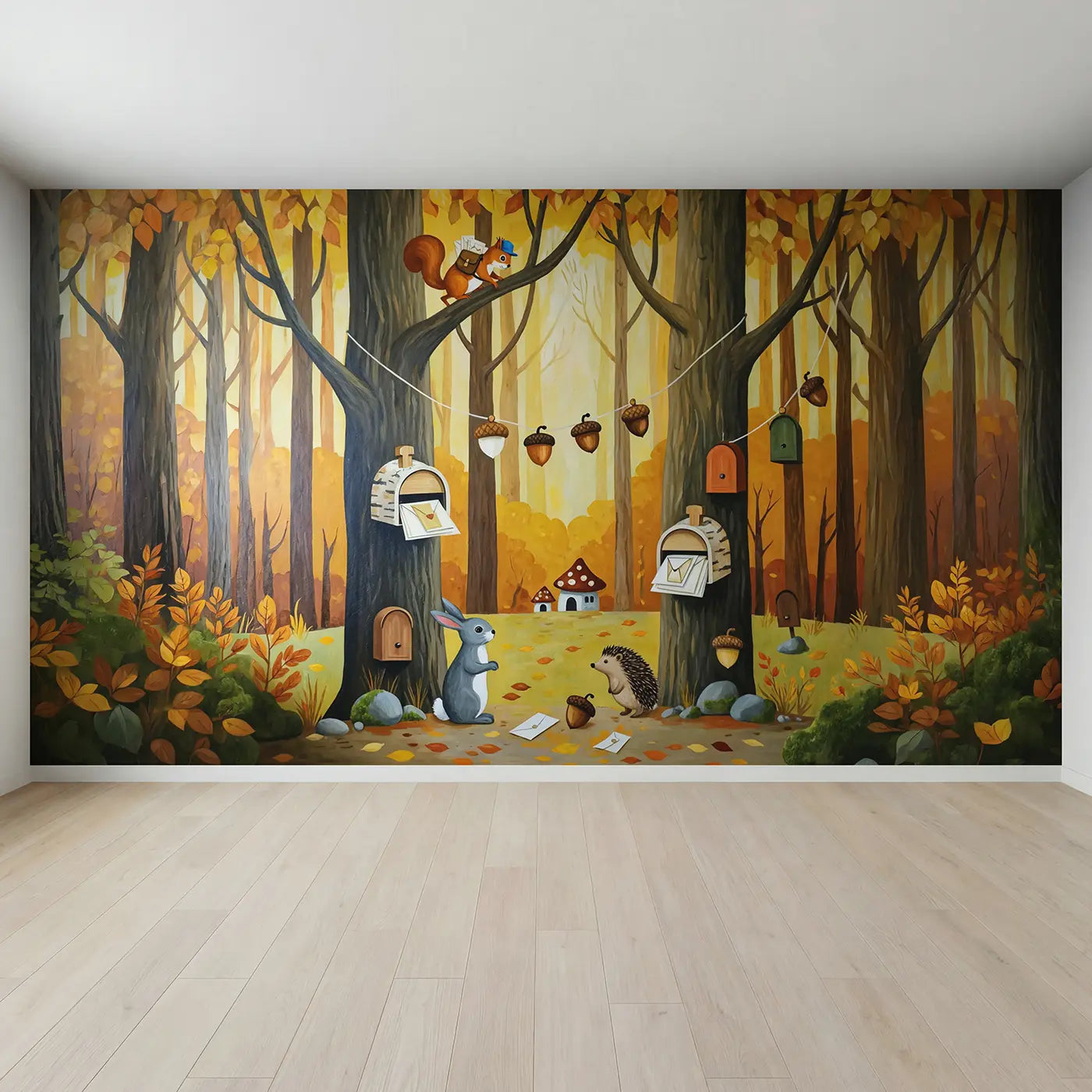 Full view of Woodland Squirrel Postal Wallpaper Mural by Whimsy Tots