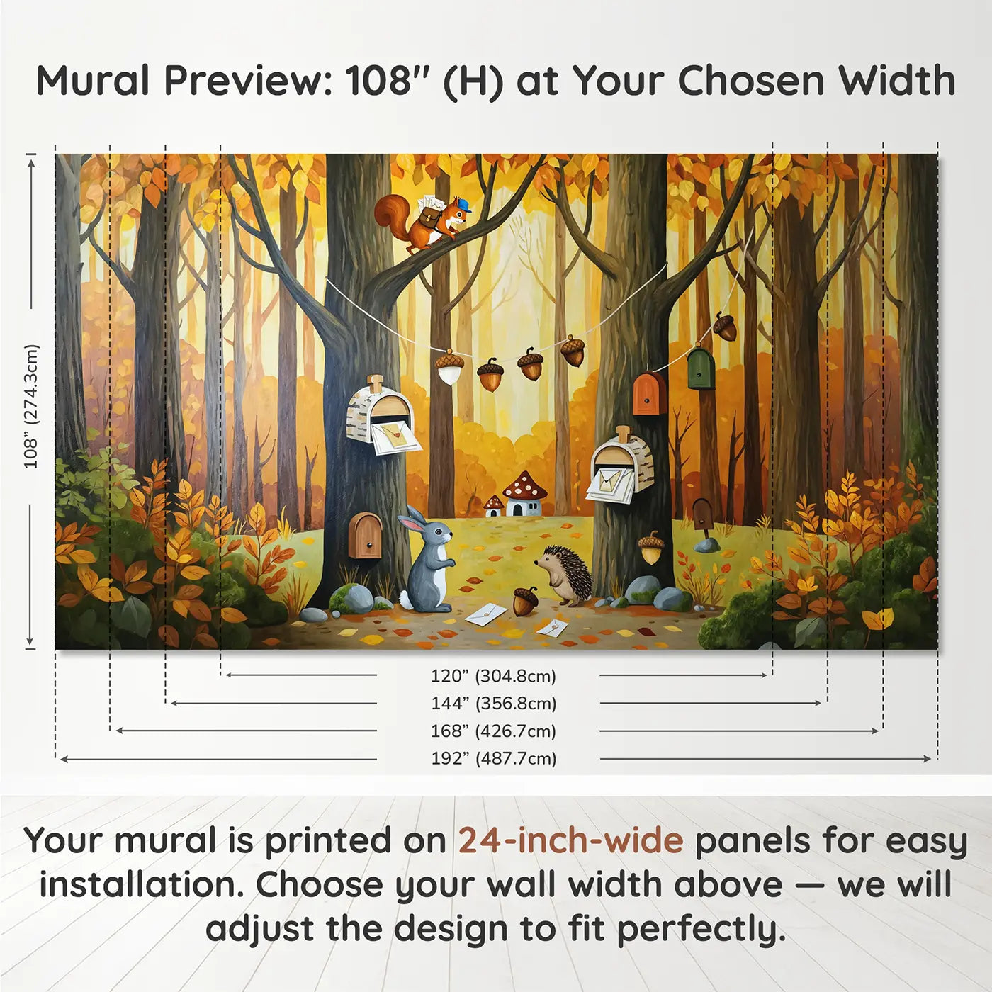 Panel layout and dimensions for Woodland Squirrel Postal Wallpaper Mural by Whimsy Tots