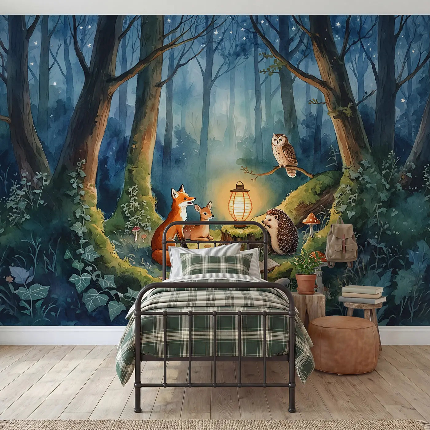 Watercolor fox and owl forest wallpaper mural for kids room by Whimsy Tots