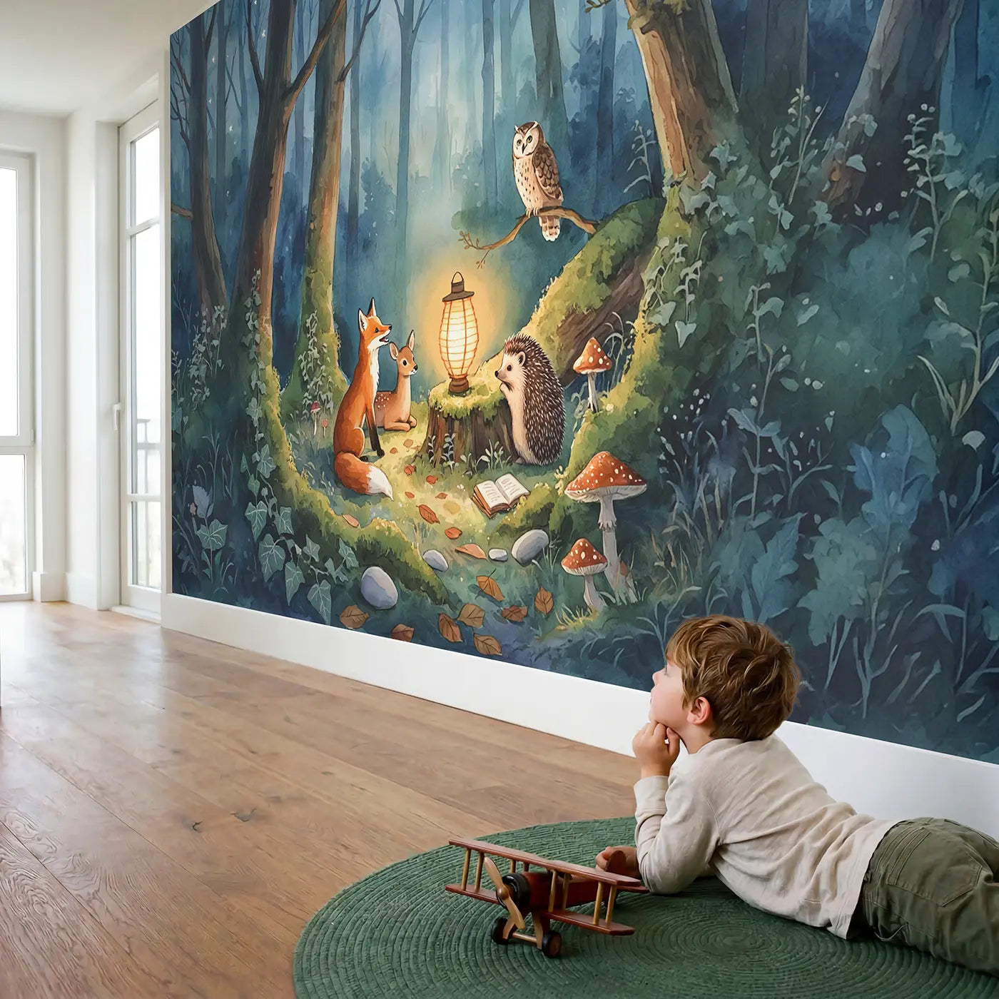 Child in nursery with Forest Story Time Lantern Wallpaper Mural by Whimsy Tots