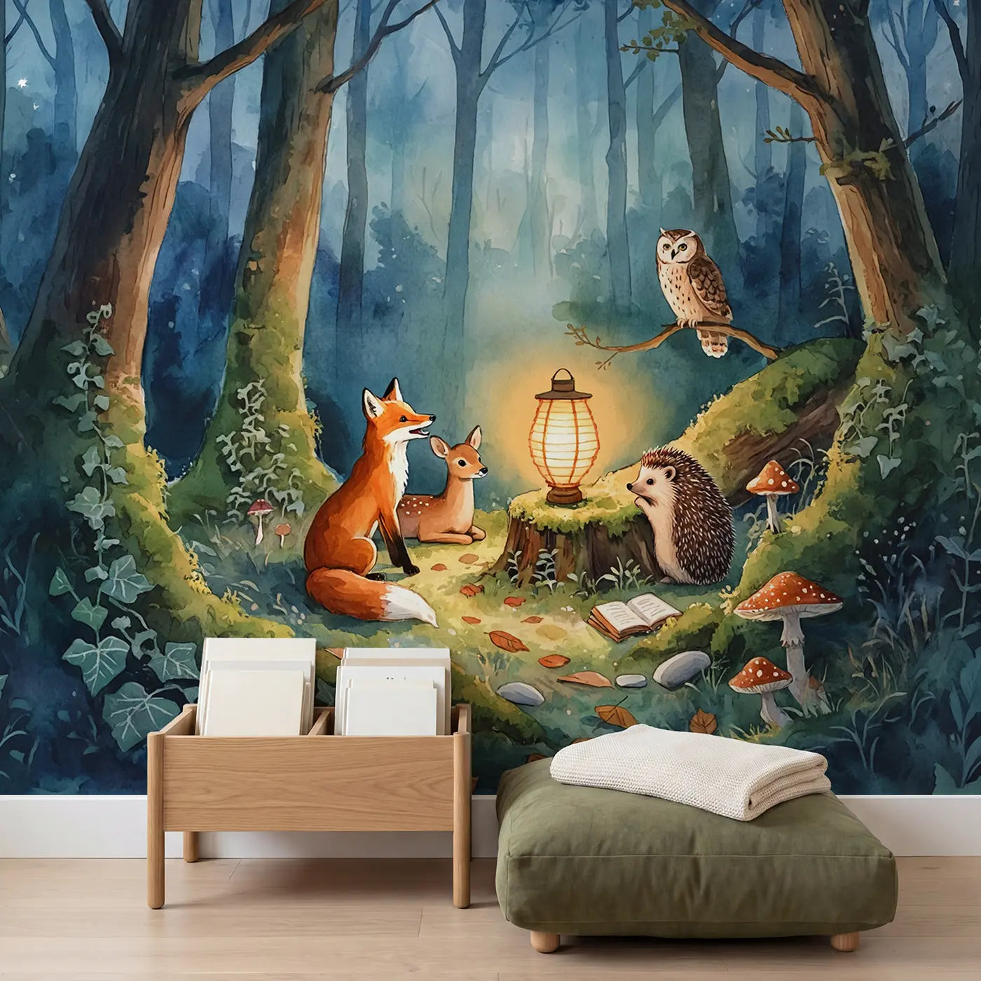 Forest Story Time Lantern Wallpaper Mural in playroom setting by Whimsy Tots