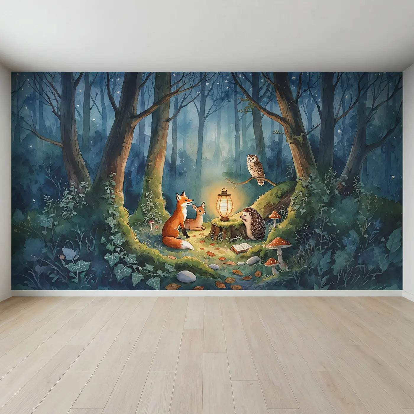 Full view of Forest Story Time Lantern Wallpaper Mural by Whimsy Tots