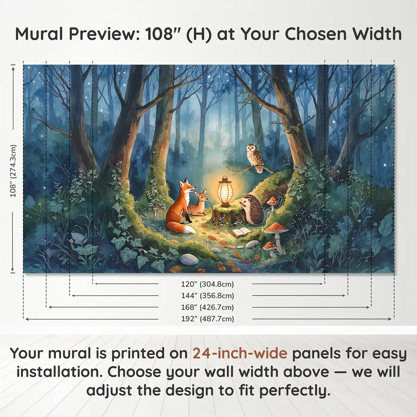 Panel layout and dimensions for Forest Story Time Lantern Wallpaper Mural by Whimsy Tots