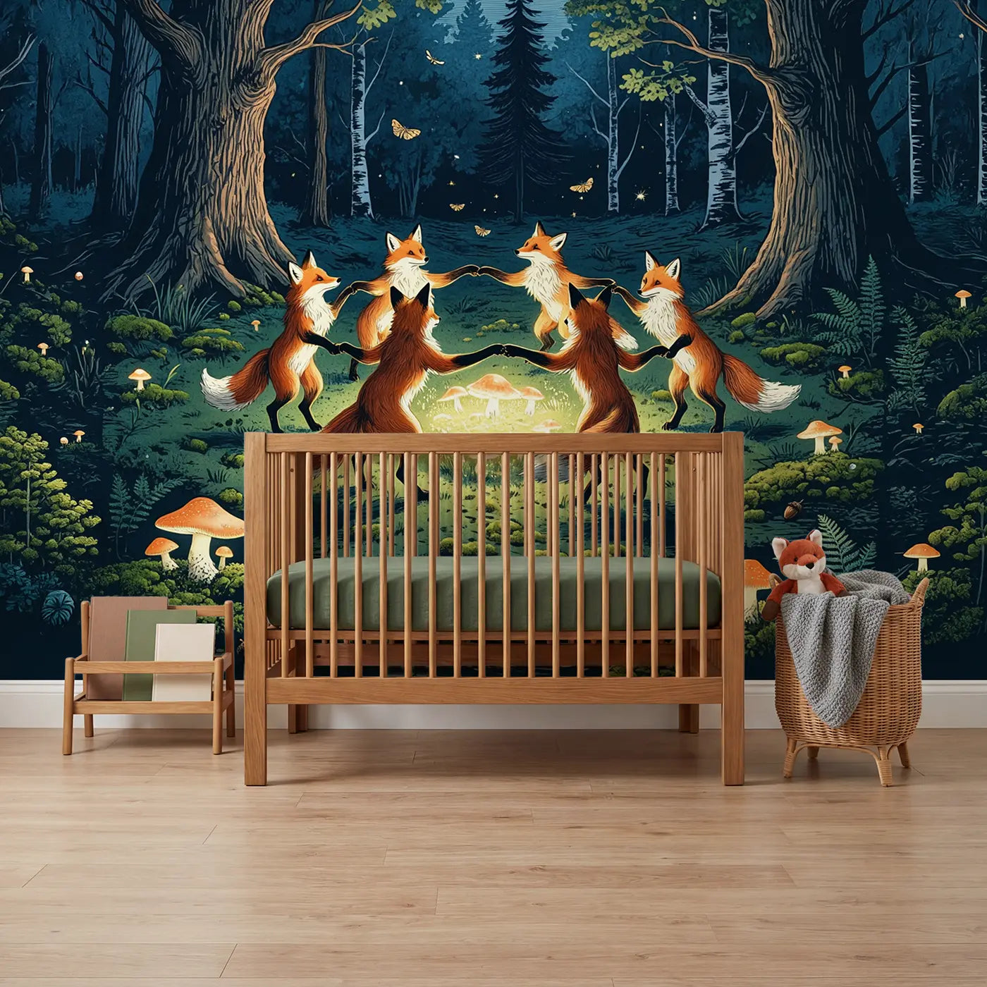 Block print fox fairy ring mushroom moonlit forest wallpaper mural for boys room by Whimsy Tots