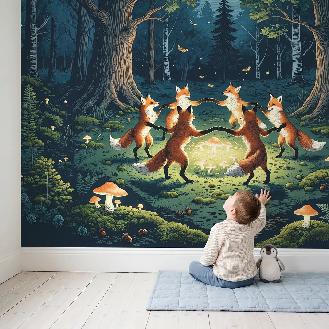 Child in nursery with Moonlit Fox Dance Fairy Ring Wallpaper Mural by Whimsy Tots