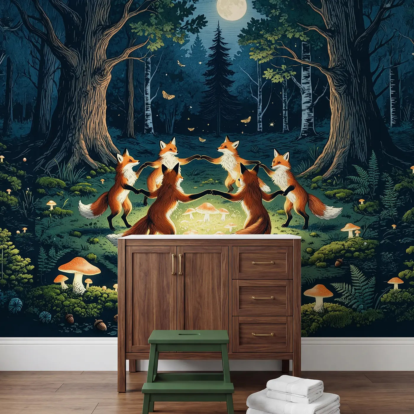 Moonlit Fox Dance Fairy Ring Wallpaper Mural in playroom setting by Whimsy Tots
