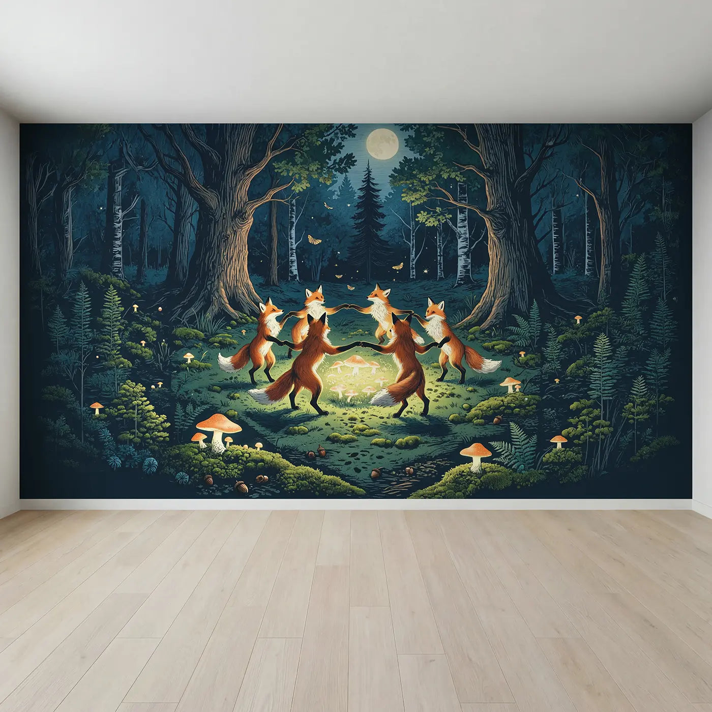 Full view of Moonlit Fox Dance Fairy Ring Wallpaper Mural by Whimsy Tots