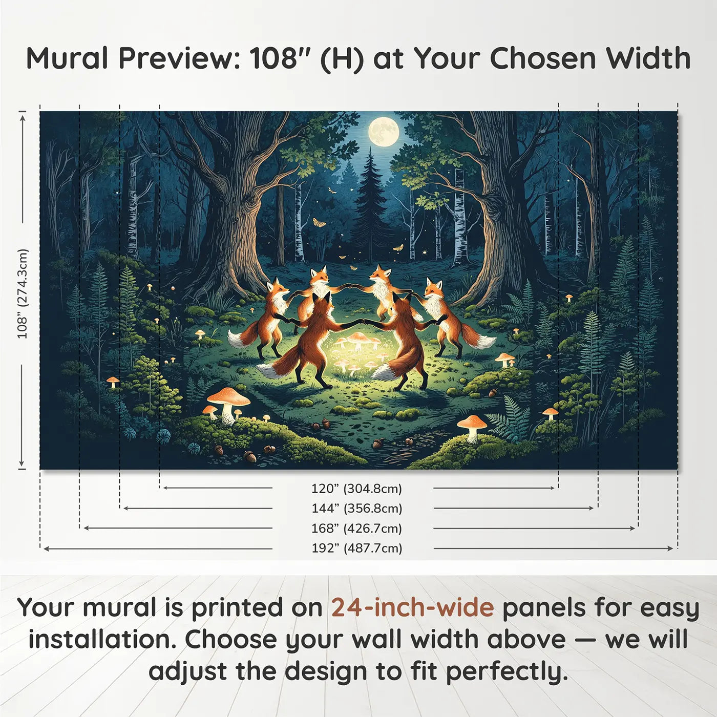Panel layout and dimensions for Moonlit Fox Dance Fairy Ring Wallpaper Mural by Whimsy Tots