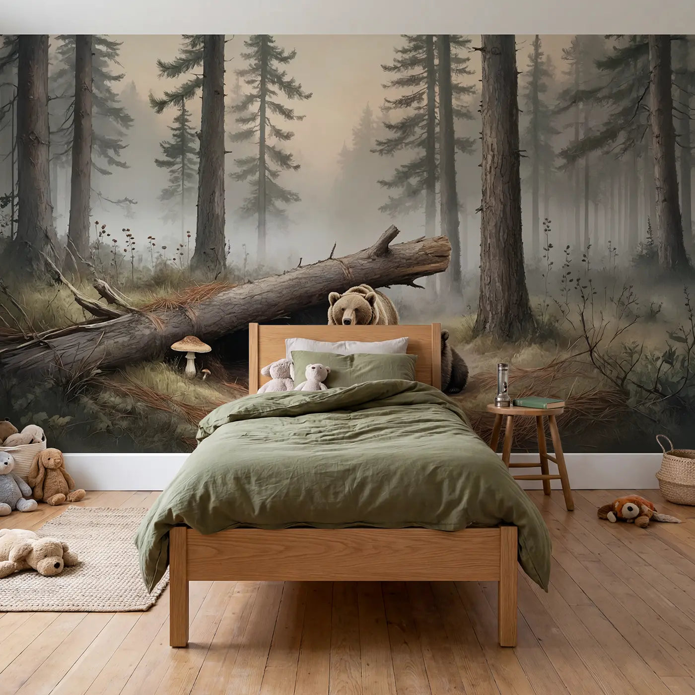 Soft pastel bear woodland wallpaper mural for kids room by Whimsy Tots