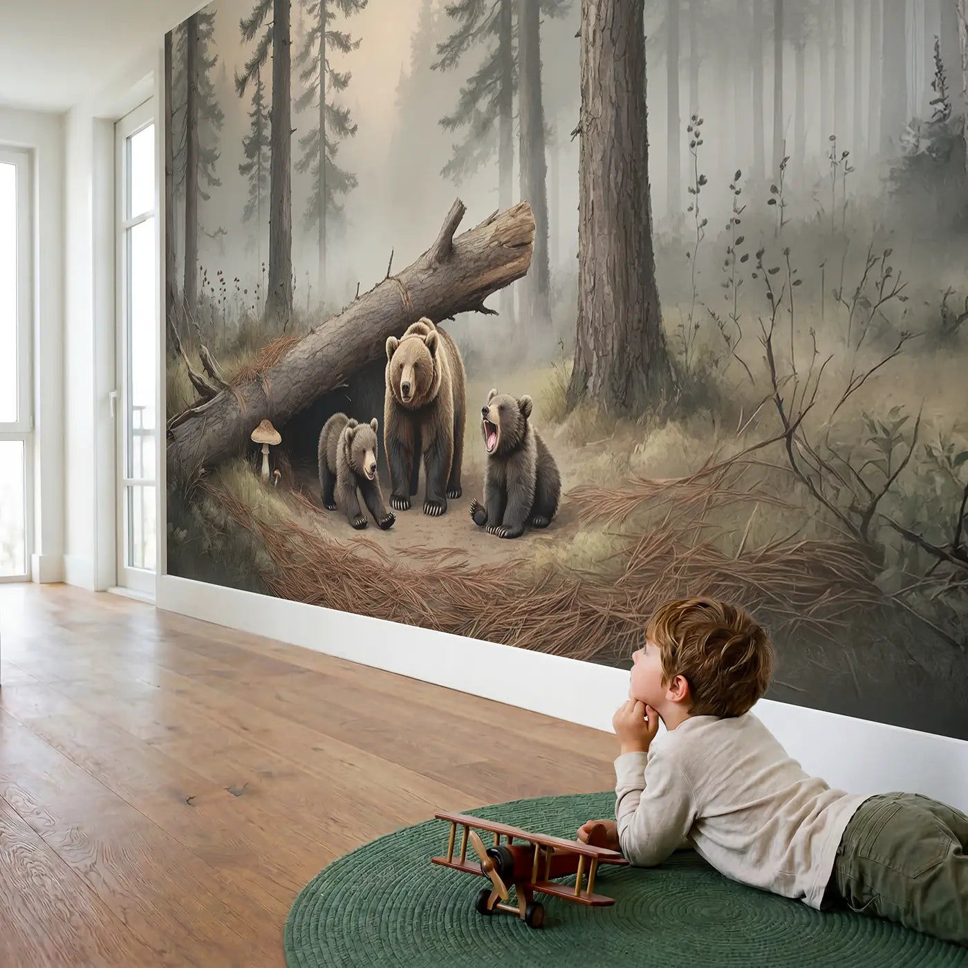 Child in nursery with Bear Family Morning Stretch Wallpaper Mural by Whimsy Tots