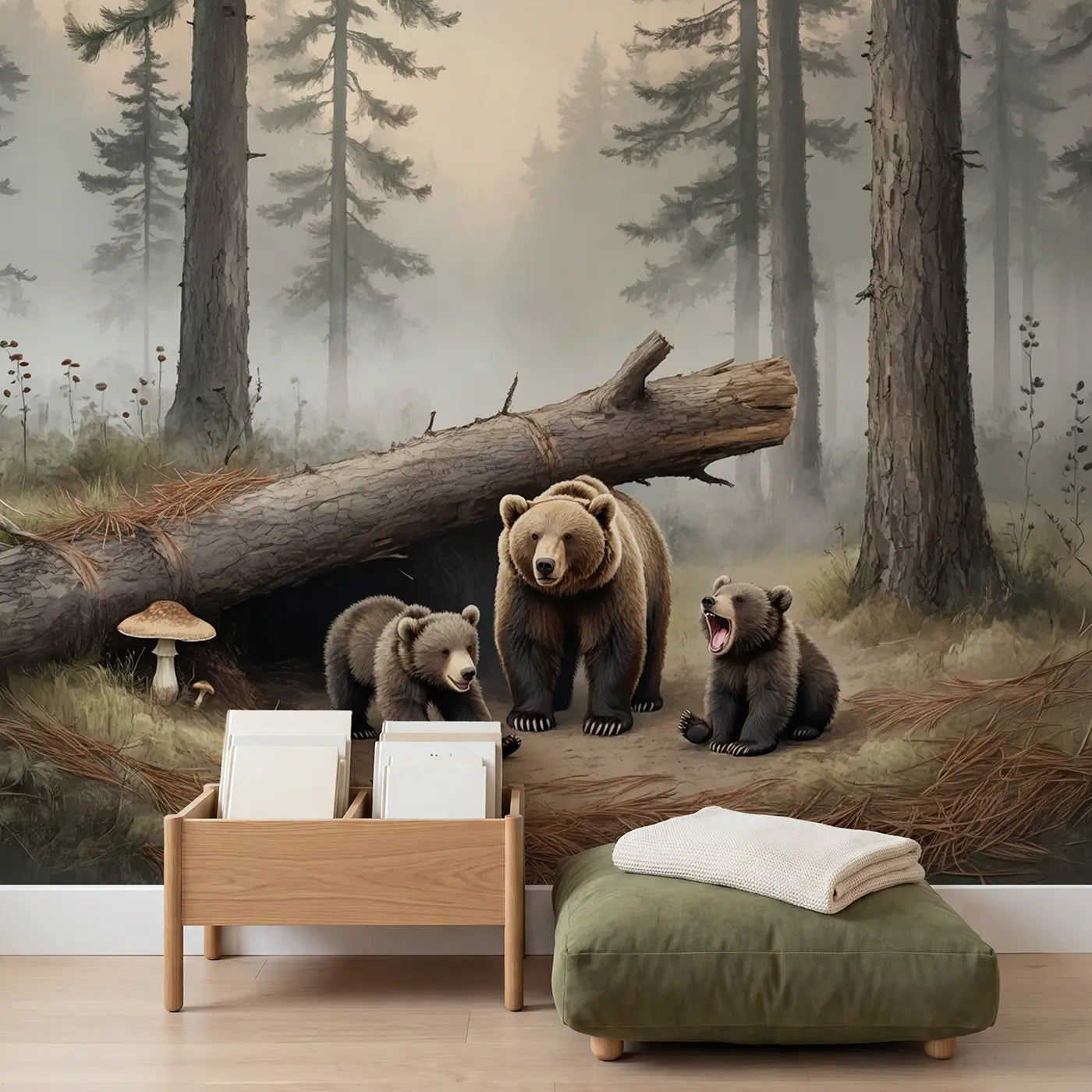 Bear Family Morning Stretch Wallpaper Mural in playroom setting by Whimsy Tots
