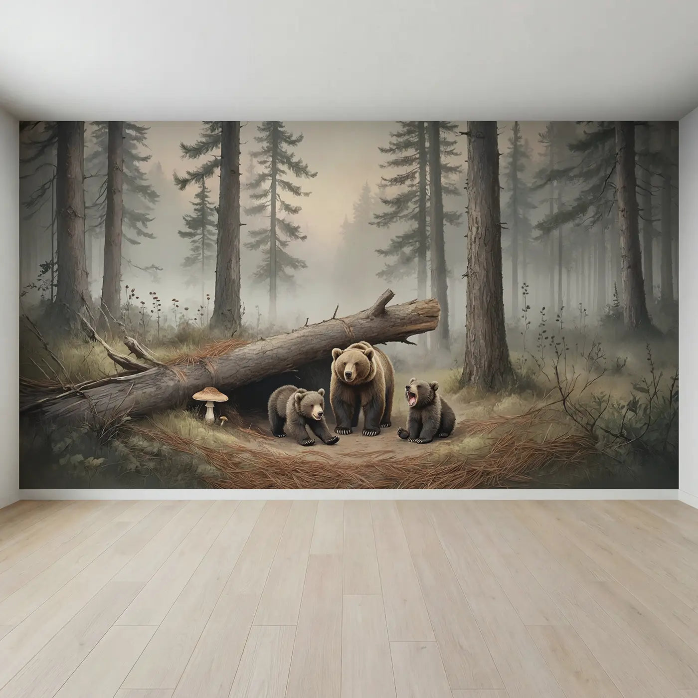 Full view of Bear Family Morning Stretch Wallpaper Mural by Whimsy Tots