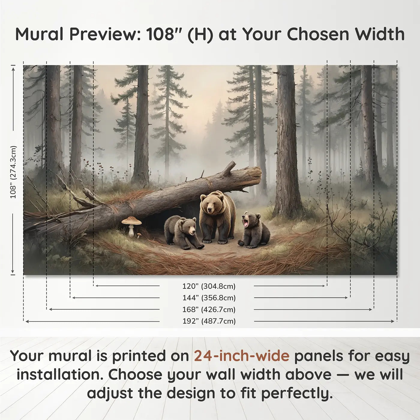 Panel layout and dimensions for Bear Family Morning Stretch Wallpaper Mural by Whimsy Tots