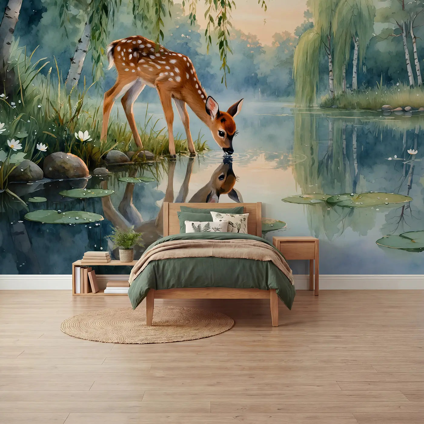 Watercolor dawn fawn willow pond wallpaper mural for boys room by Whimsy Tots