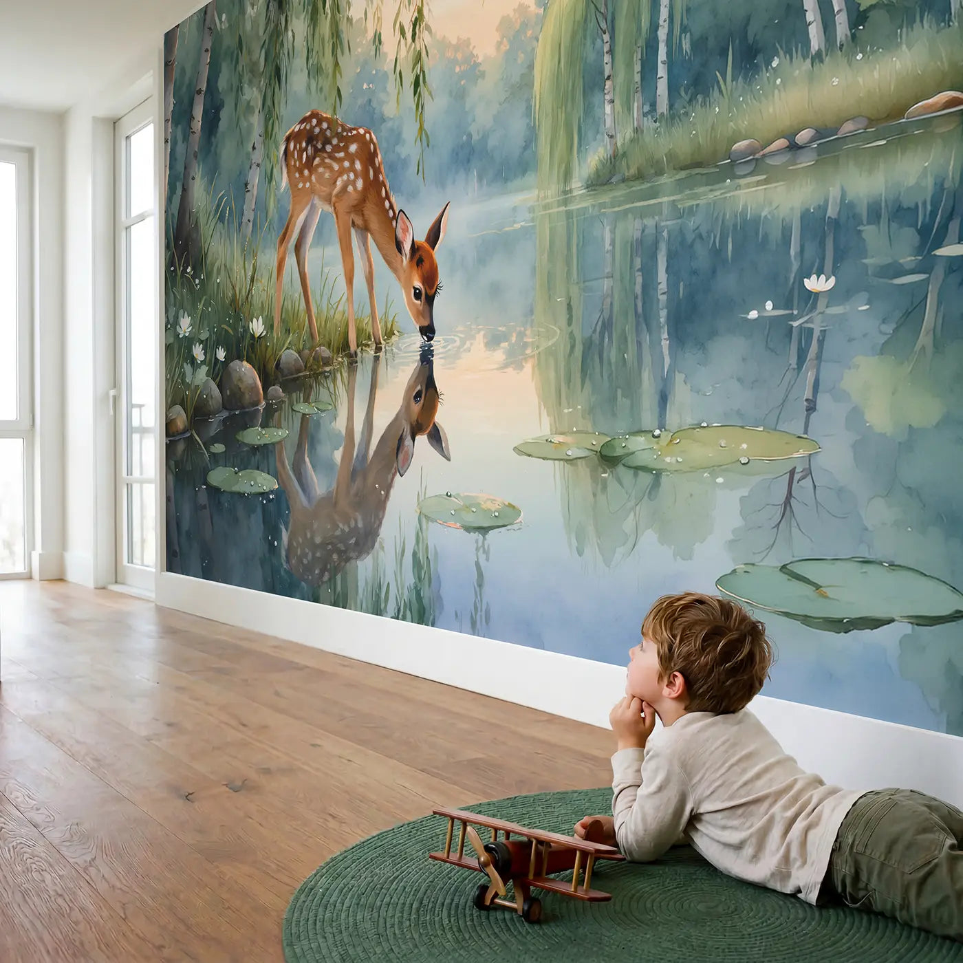 Child in nursery with Dawn Fawn Willow Pond Wallpaper Mural by Whimsy Tots