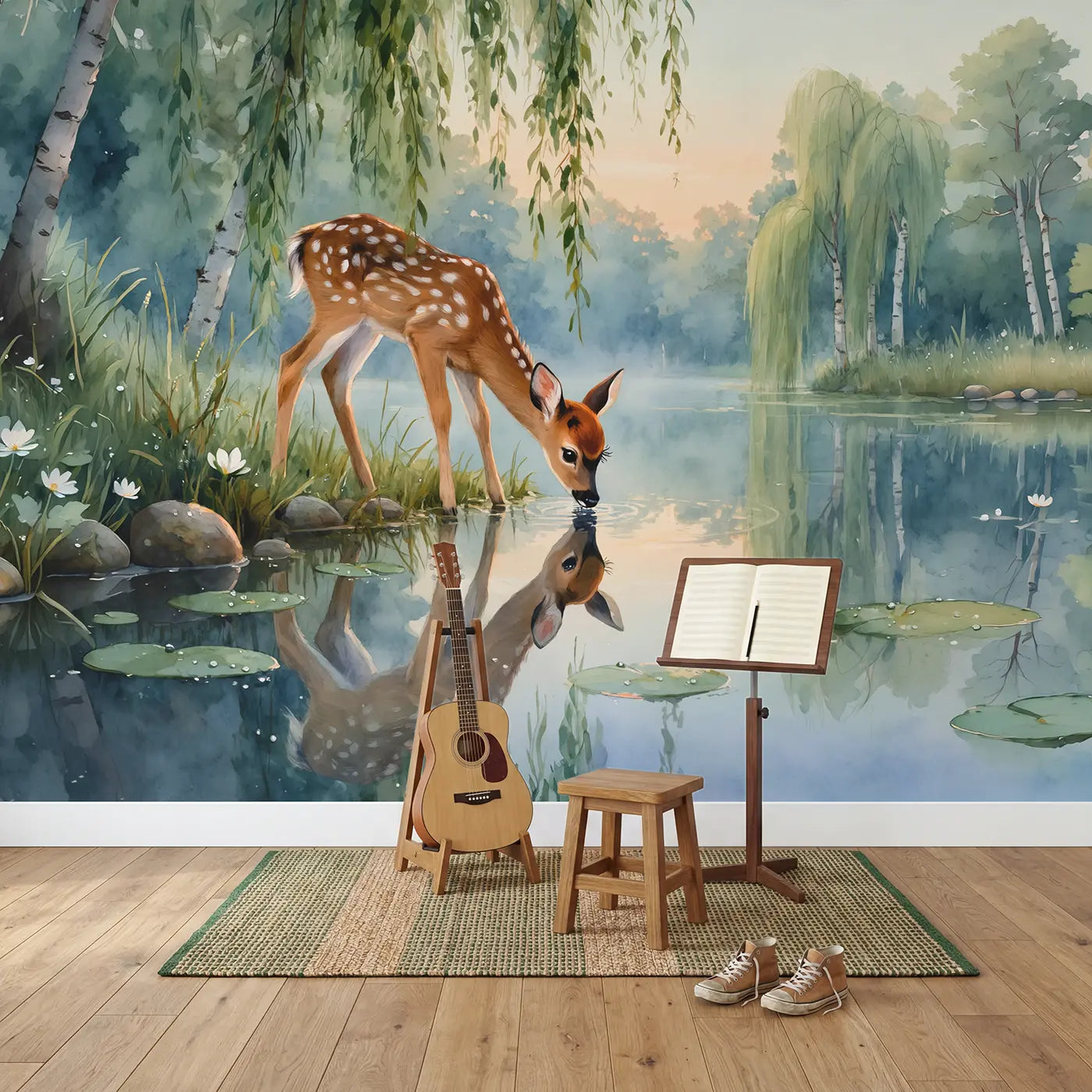 Dawn Fawn Willow Pond Wallpaper Mural in playroom setting by Whimsy Tots