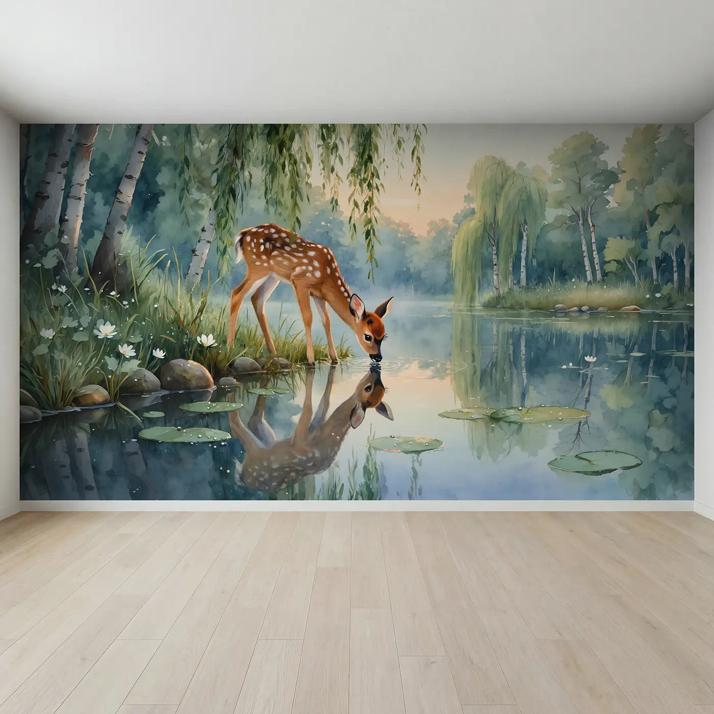 Full view of Dawn Fawn Willow Pond Wallpaper Mural by Whimsy Tots