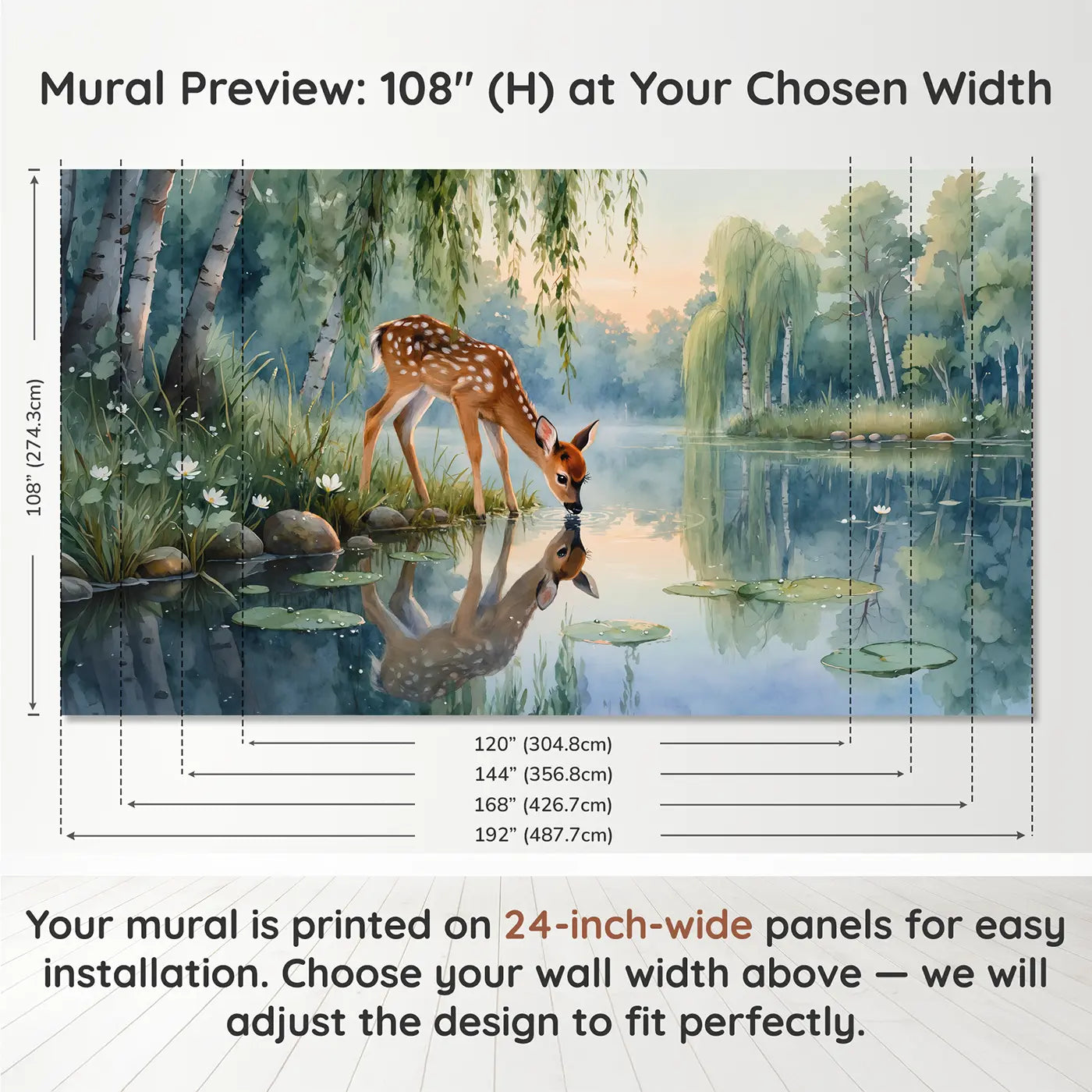 Panel layout and dimensions for Dawn Fawn Willow Pond Wallpaper Mural by Whimsy Tots