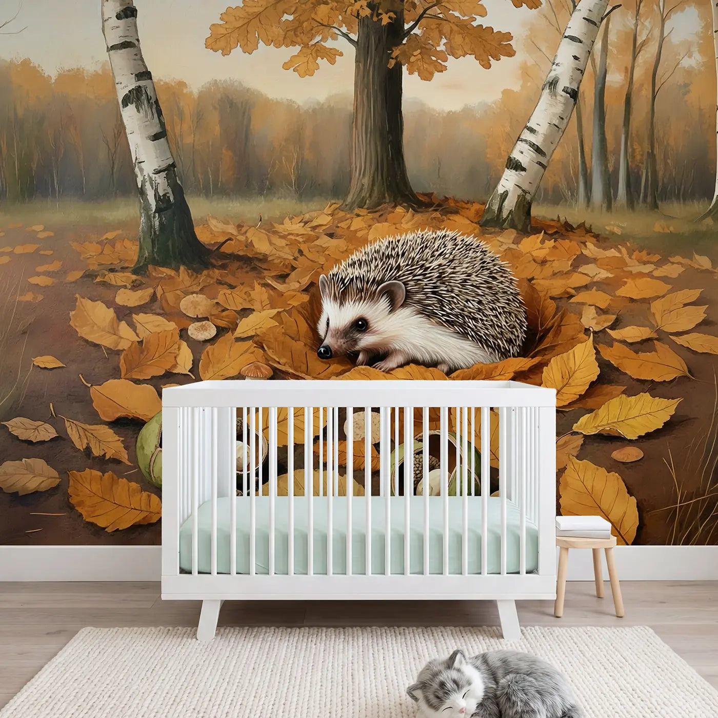 Soft pastel autumn hedgehog oak forest wallpaper mural for girls room by Whimsy Tots