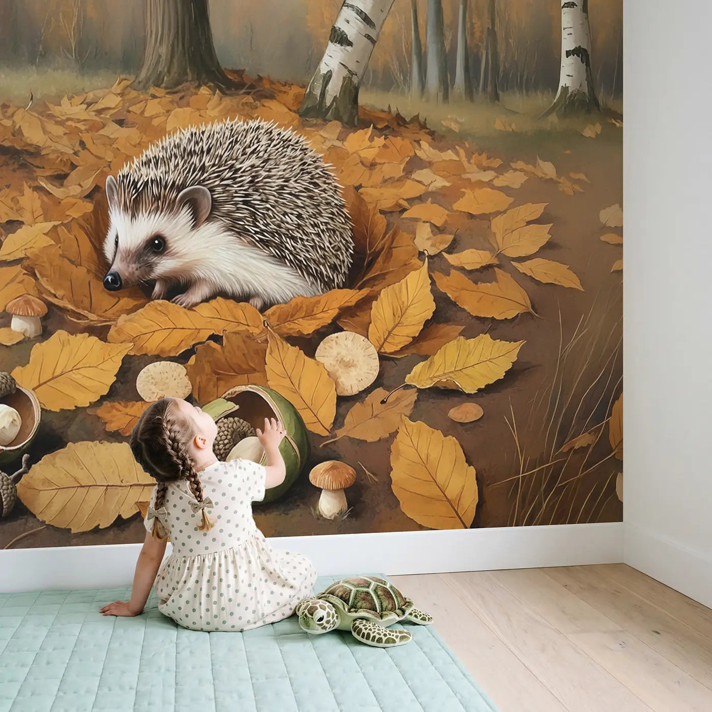 Child in nursery with Autumn Hedgehog Nap Wallpaper Mural by Whimsy Tots