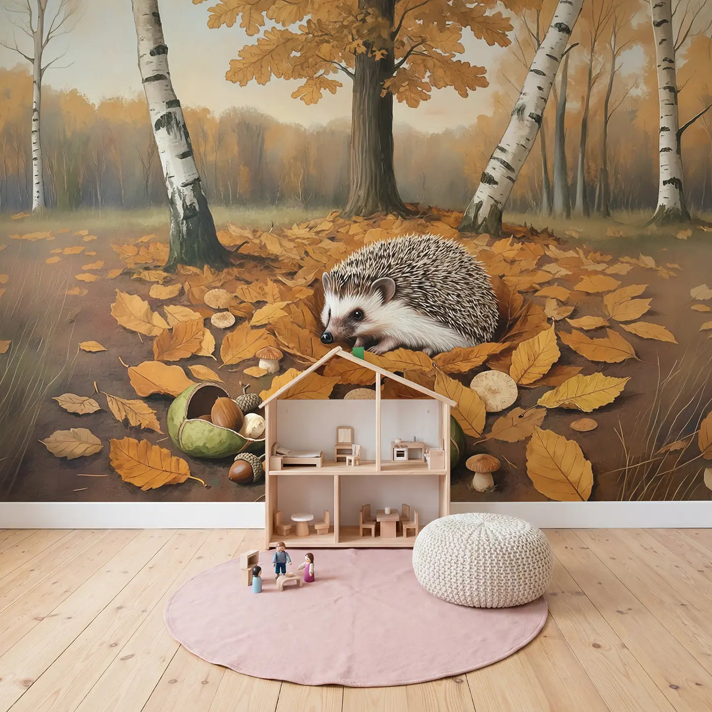 Autumn Hedgehog Nap Wallpaper Mural in playroom setting by Whimsy Tots