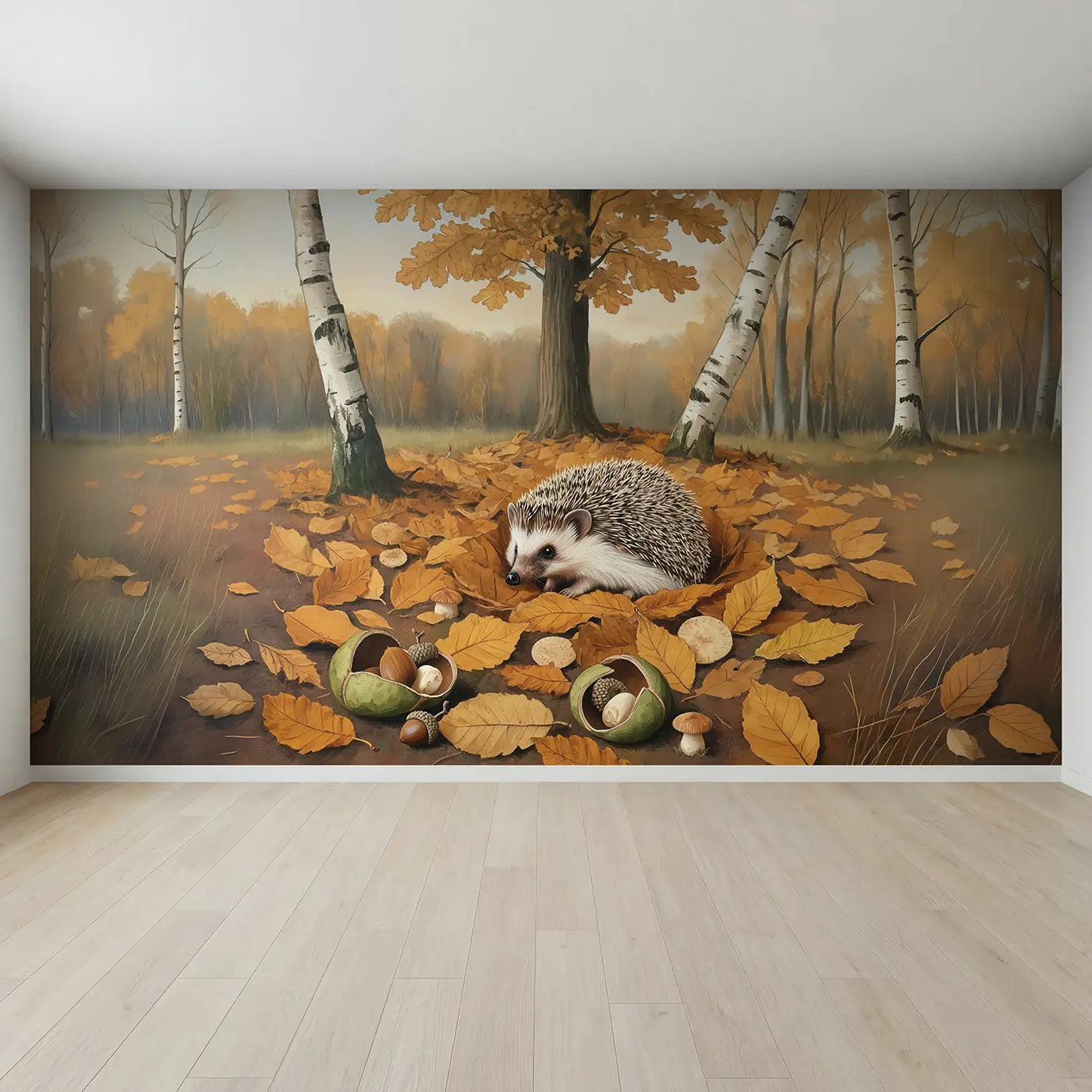 Full view of Autumn Hedgehog Nap Wallpaper Mural by Whimsy Tots