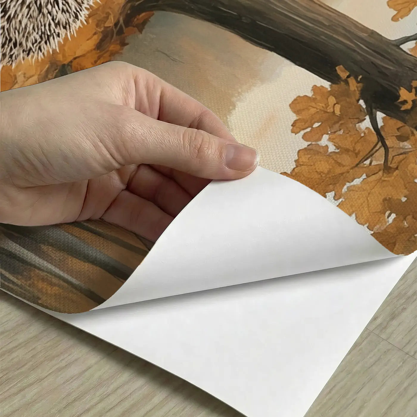 Peel-and-stick detail of Autumn Hedgehog Nap Wallpaper Mural by Whimsy Tots