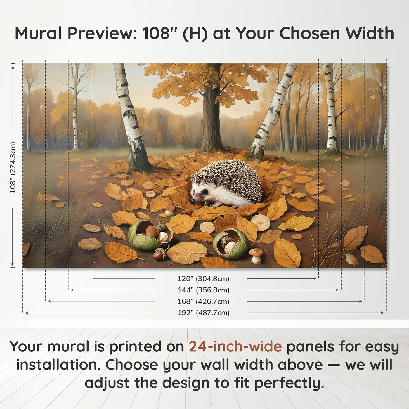 Panel layout and dimensions for Autumn Hedgehog Nap Wallpaper Mural by Whimsy Tots