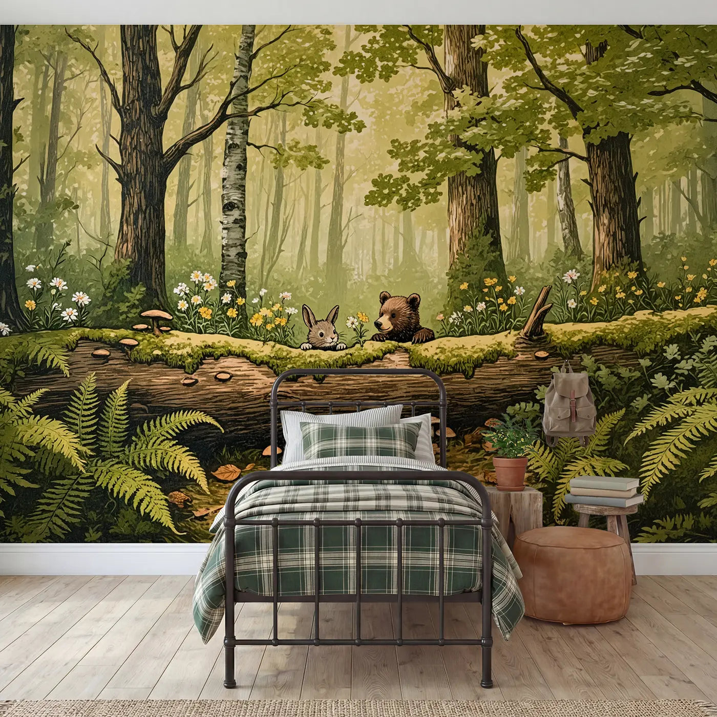 Block print bear rabbit log tunnel forest wallpaper mural for boys room by Whimsy Tots