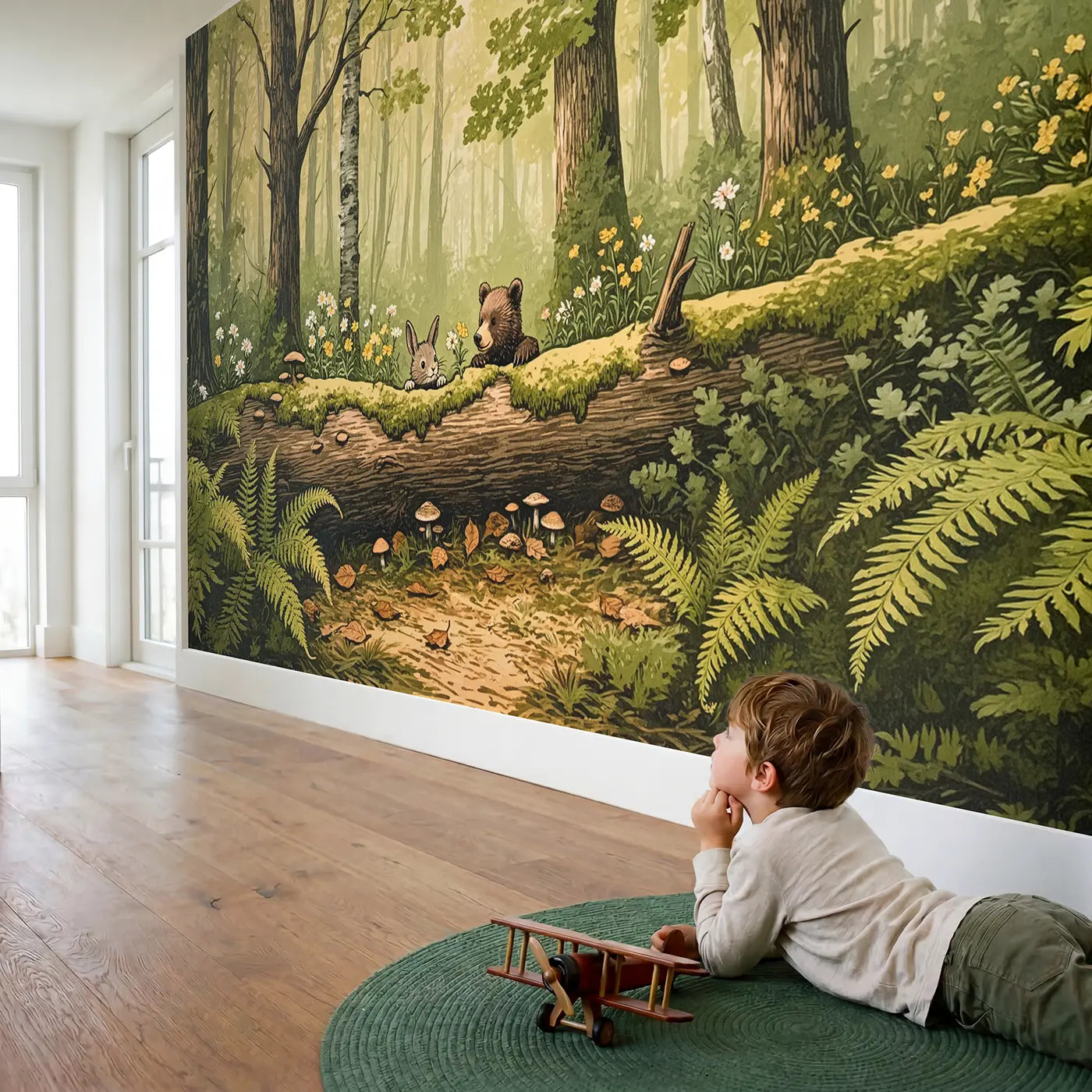 Child in nursery with Log Tunnel Adventure Wallpaper Mural by Whimsy Tots