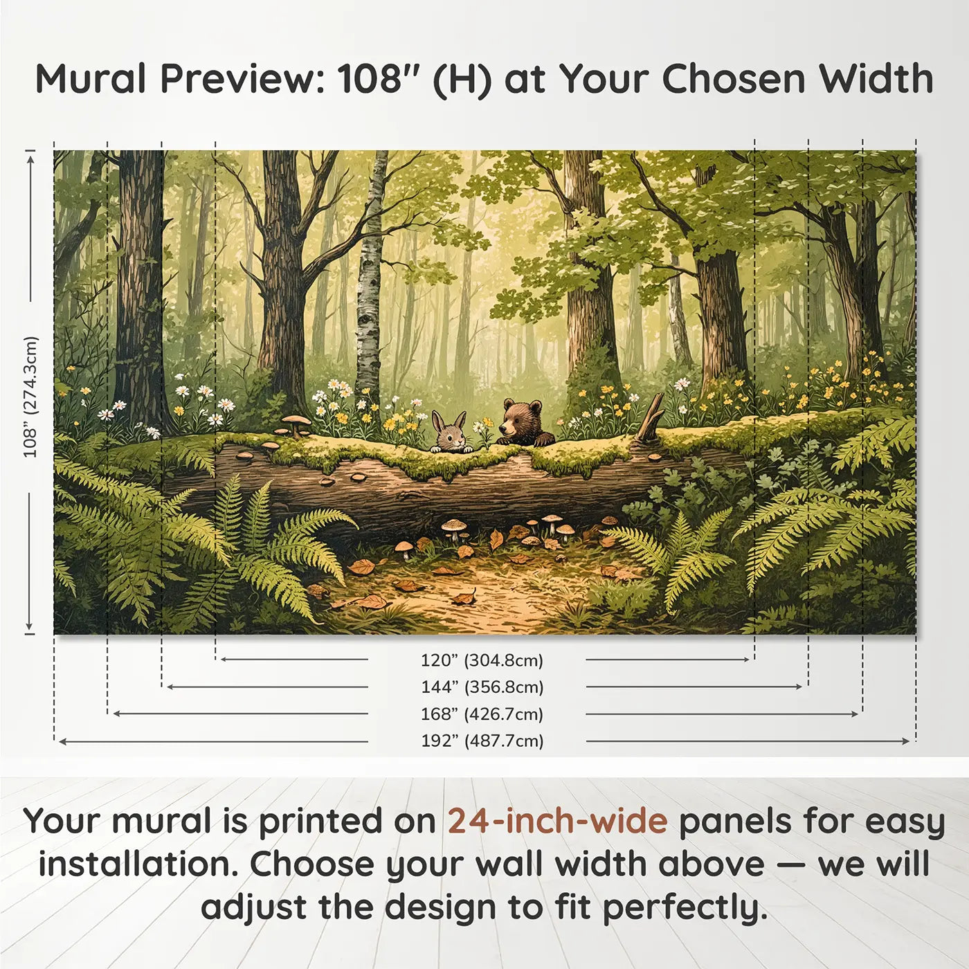 Panel layout and dimensions for Log Tunnel Adventure Wallpaper Mural by Whimsy Tots