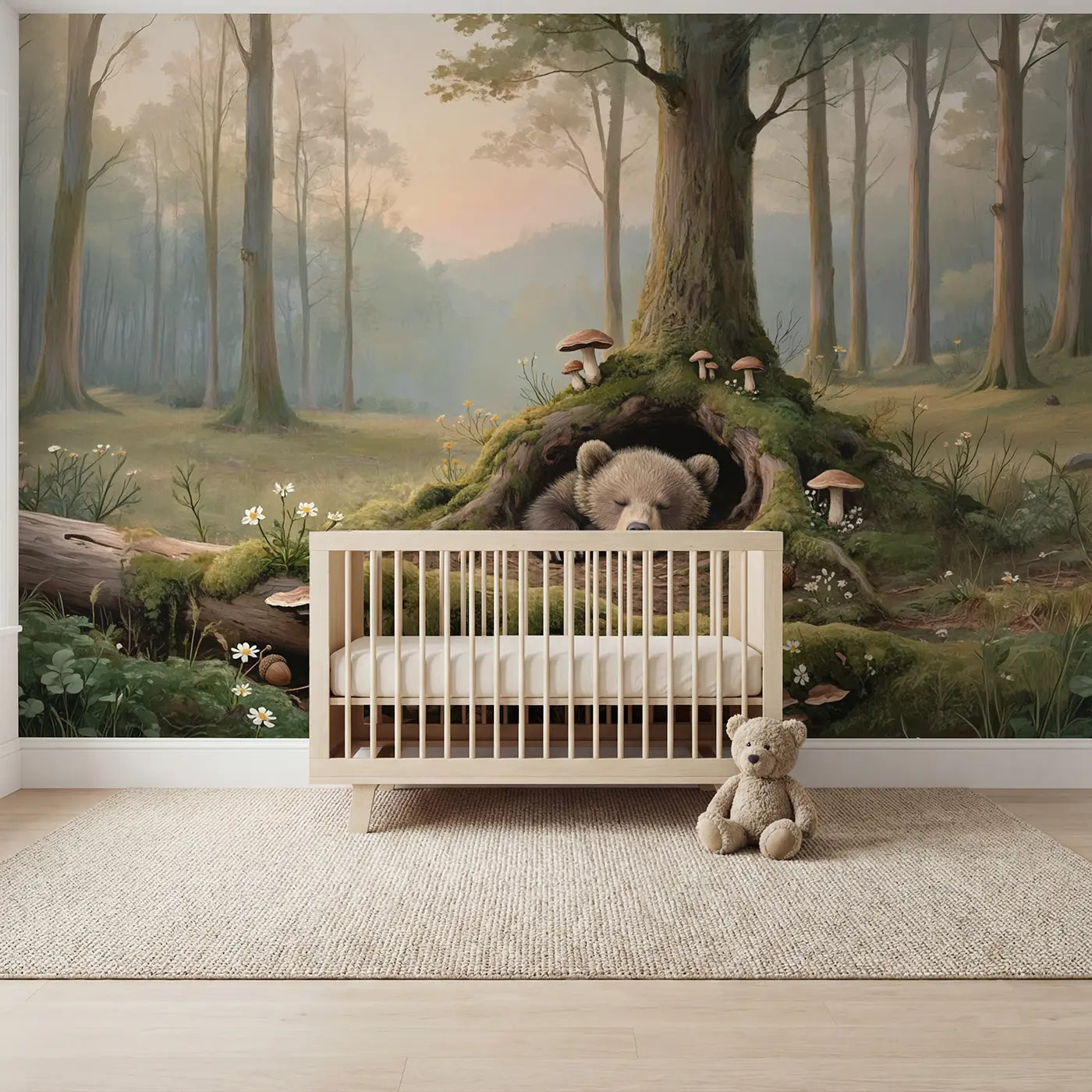 pastel bear cub sleeping mossy log wallpaper mural for kids room by Whimsy Tots