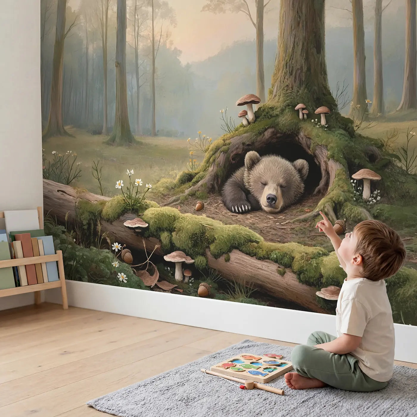 Child in nursery with Sleeping Bear Cub Curled Wallpaper Mural by Whimsy Tots