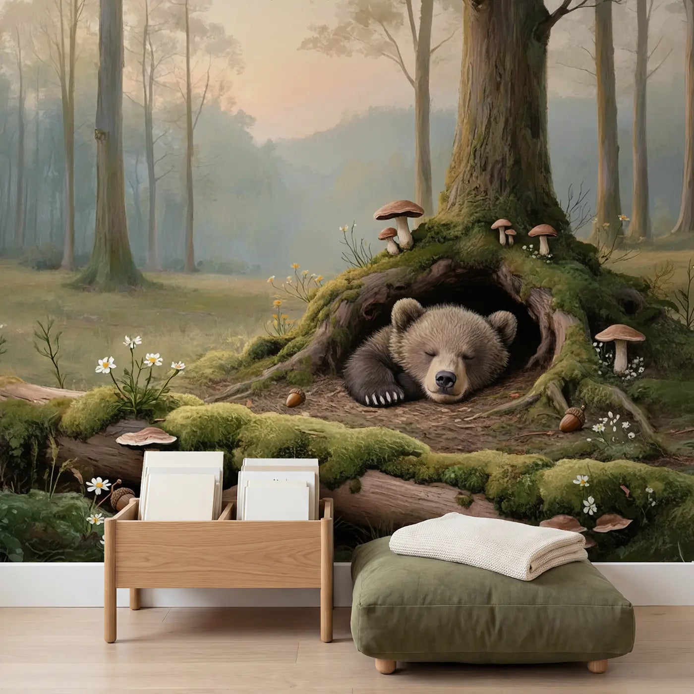 Sleeping Bear Cub Curled Wallpaper Mural in playroom setting by Whimsy Tots